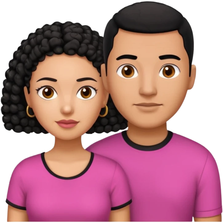 A picture if a couple, the man is a Mexican man with  black hair, a buzz cut and black shirt on.the woman is mixed with black and white, with curly hair and a pink shirt on emoji