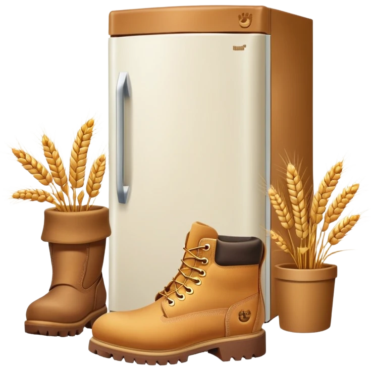 A white refrigerator with a camel head on top, and four Timberland-style wheat colored work boots attached to the bottom corners emoji