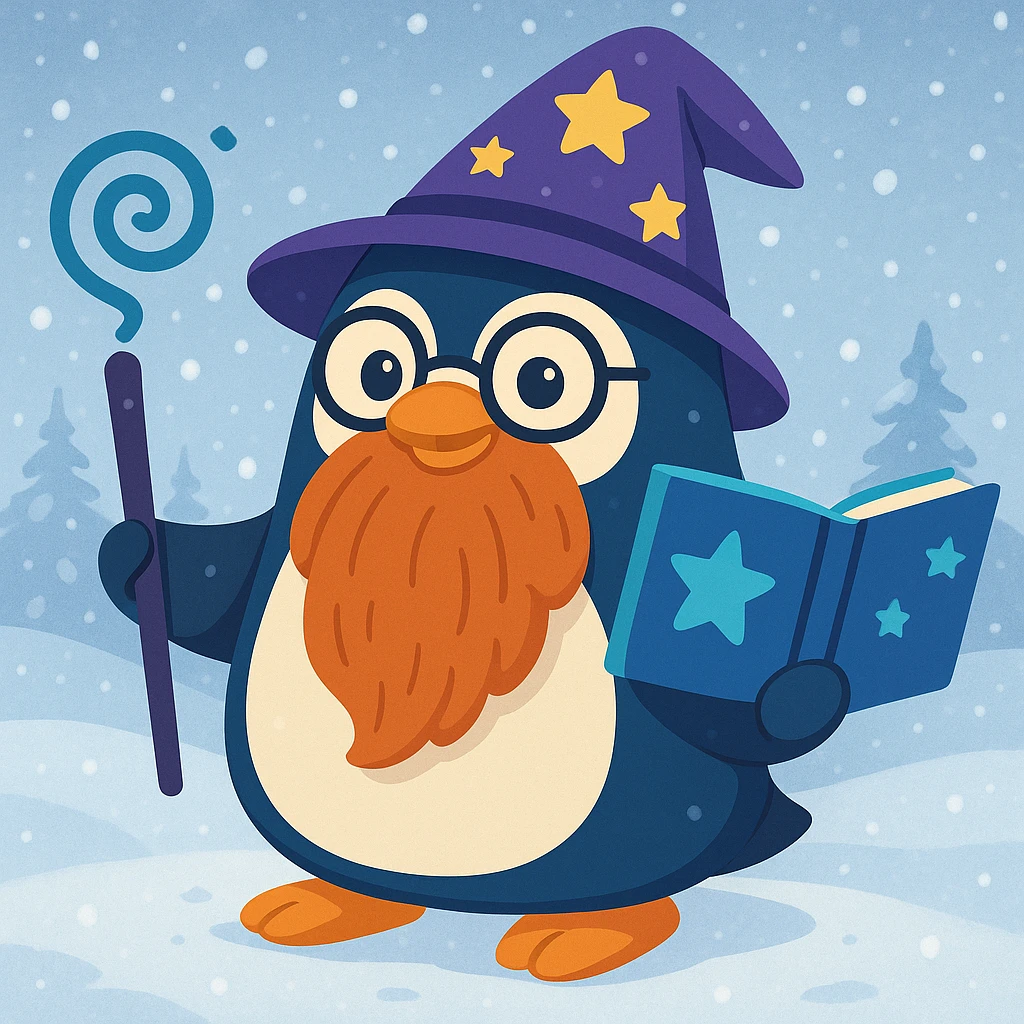 Add a snowy background behind the chubby penguin wizard with glasses, long beard, and mystical book, preserving all details clearly. emoji