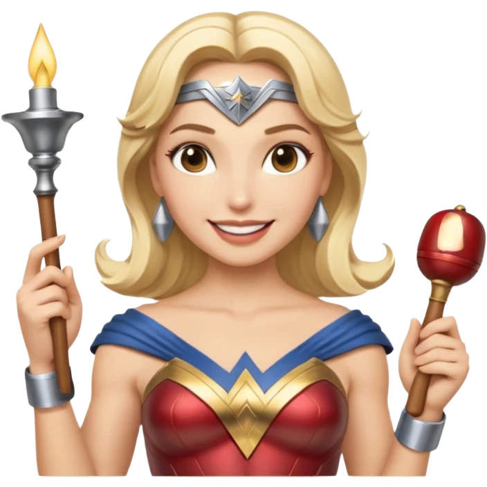 Blonde Wonder Woman holding short white orchestra conductor’s baton and bell emoji