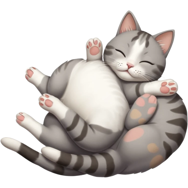 grey and white small cat eyes with closed lying down upside down with paws stretched out straight in different directions emoji