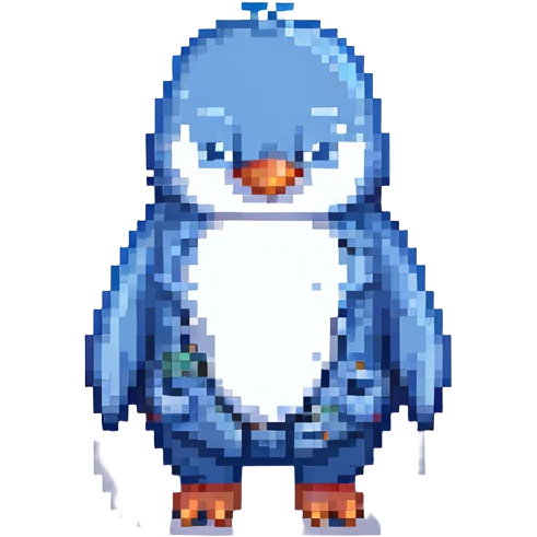 pixel art penguin wearing blue jeans, simple and cute emoji