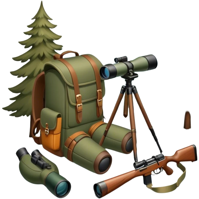 Icon for Hunting Tourism: a hunting rifle, binoculars, and animal tracks in the snow, with a forest background and a hunter’s backpack. The icon should represent the adventure and experience of hunting in nature. Transparent background. emoji