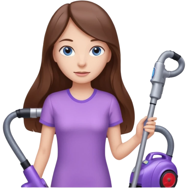 beautiful girl with long brown hair, blue eyes and wearing light purple clothes, cleaning and vacuuming emoji