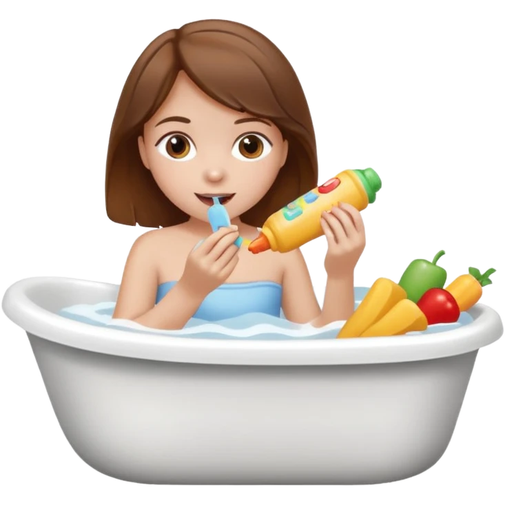bath, food, toys, brown hair girl emoji
