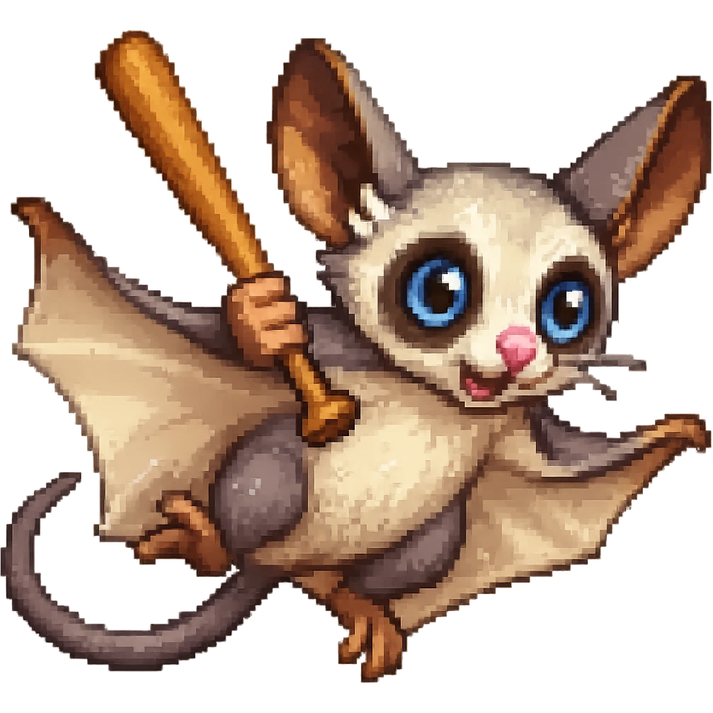 Add a baseball bat to the sugar glider and depict it gliding through the air. Maintain the original style and keep the background transparent. emoji
