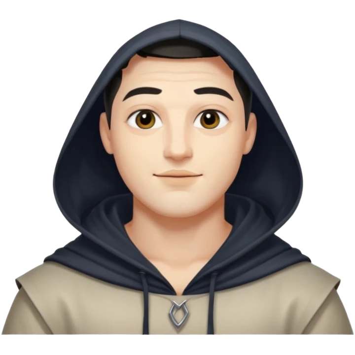 A handsome man with fair complexion. masculine, roman, slightly crooked nose. Thick triangular eyebrows. Hooded eyes and black pupils.  smily lips with a heavy top lid. kpop haircut emoji