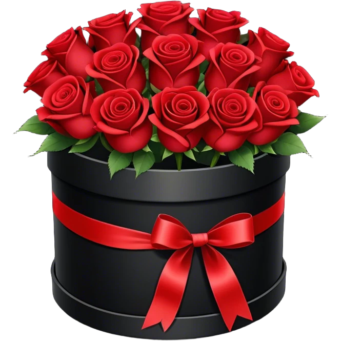 bouquet of 15 red roses in round black box with a red ribbon tied around the box emoji