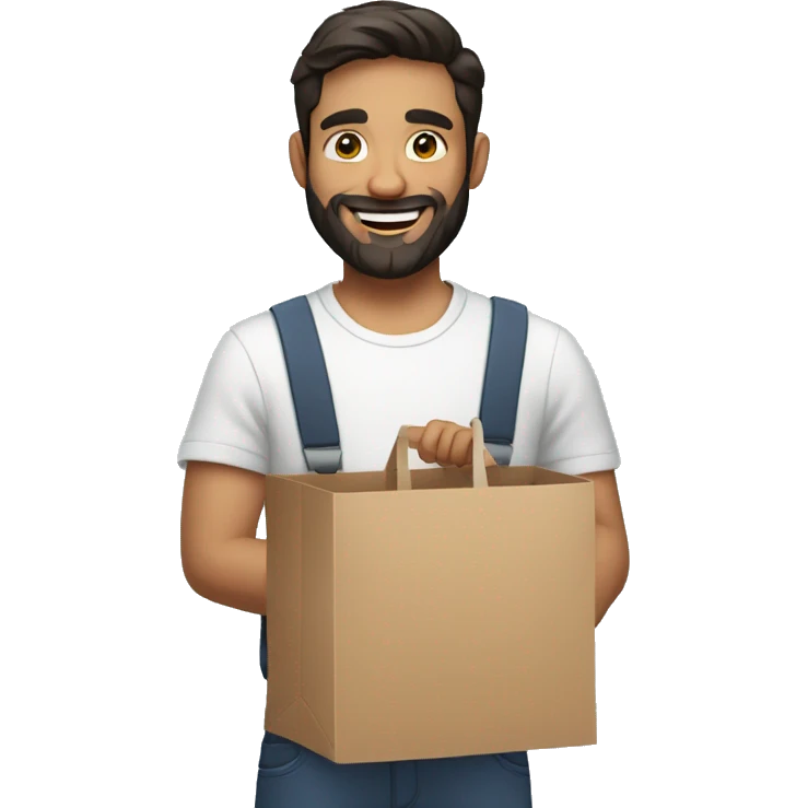 bearded man with short dark hair holding a product cart and smiling emoji