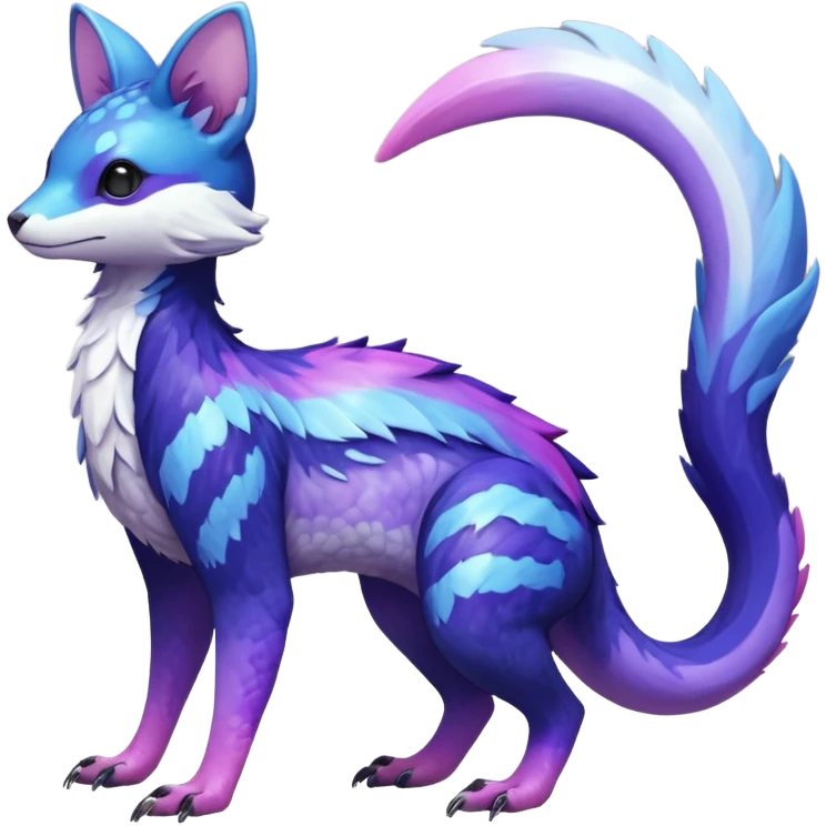  Hyper-realistic Shiny iridescent glossy oily smooth silky soft White with indigo-Violet-purple-pinkish-gradient markings beautiful handsome gorgeous aesthetic colorful vibrant Vernid-Trico-species-Fakemon-creature by LiLaiRa, 4 legs, 1 tail, random markings, (full body) emoji