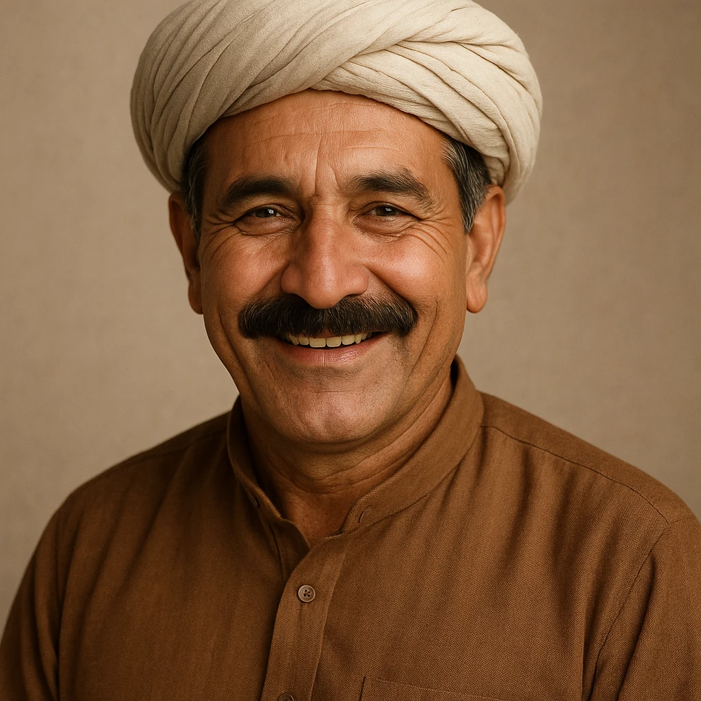 Pashtun man wearing a turban, shalwar kameez, mustache, warm smile, neutral background emoji