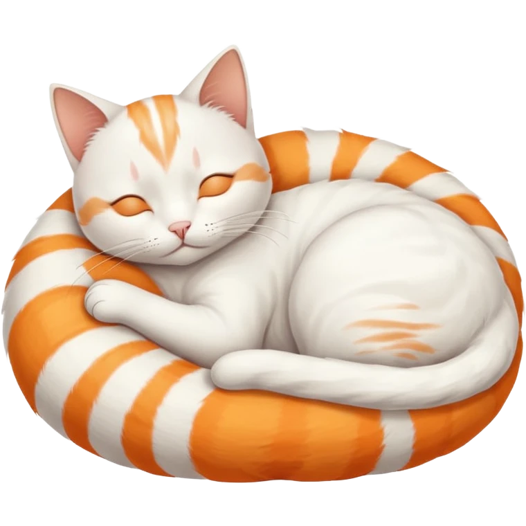 A white cat, curled up and asleep. Its fur has very faint orange stripes on the back and tail. emoji