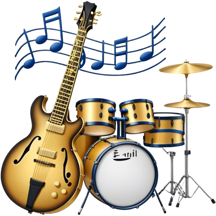 Create an elegant and artistic emoji that represents music arrangement and orchestration. The design should feature musical notes, a set of piano keys, a drum set, and an electric guitar to symbolize the diverse elements of orchestration and arrangement. Include a conductor's baton to emphasize the role of a conductor in bringing all the instruments together. Use a mix of rich colors like gold, silver, and deep blue for sophistication, and add flowing lines to represent the harmony between different instruments. The background should be transparent. emoji