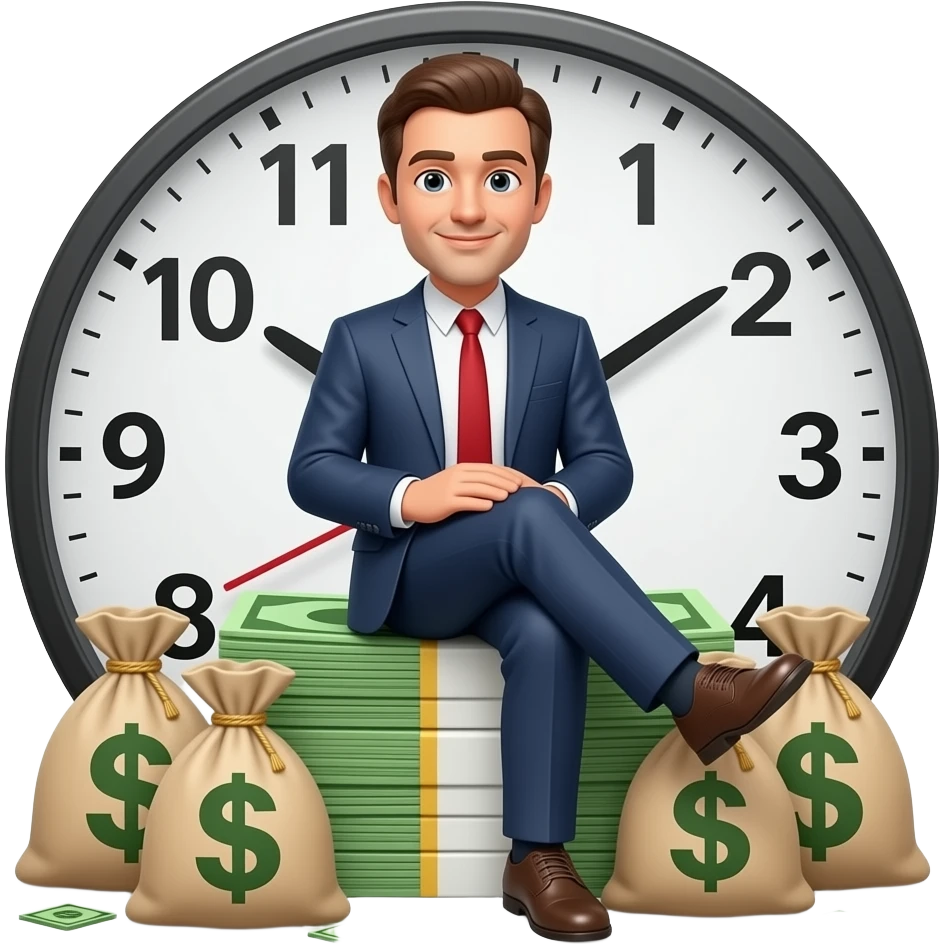 Waiting — sitting on money bag, foot tapping, clock behind emoji