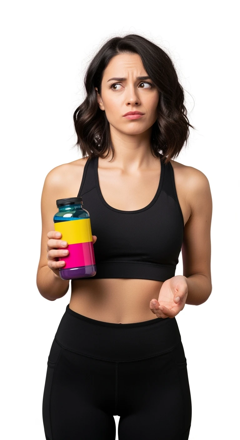 DONNA FITNESS ITALIANA CON BOCCETTA DI INTEGRATORE IN MANO ED ESPRESSIONE DUBBIOSA IN VOLTO, REALISTICA 4K, ISOLATA SU SFONDO BIANCO emoji