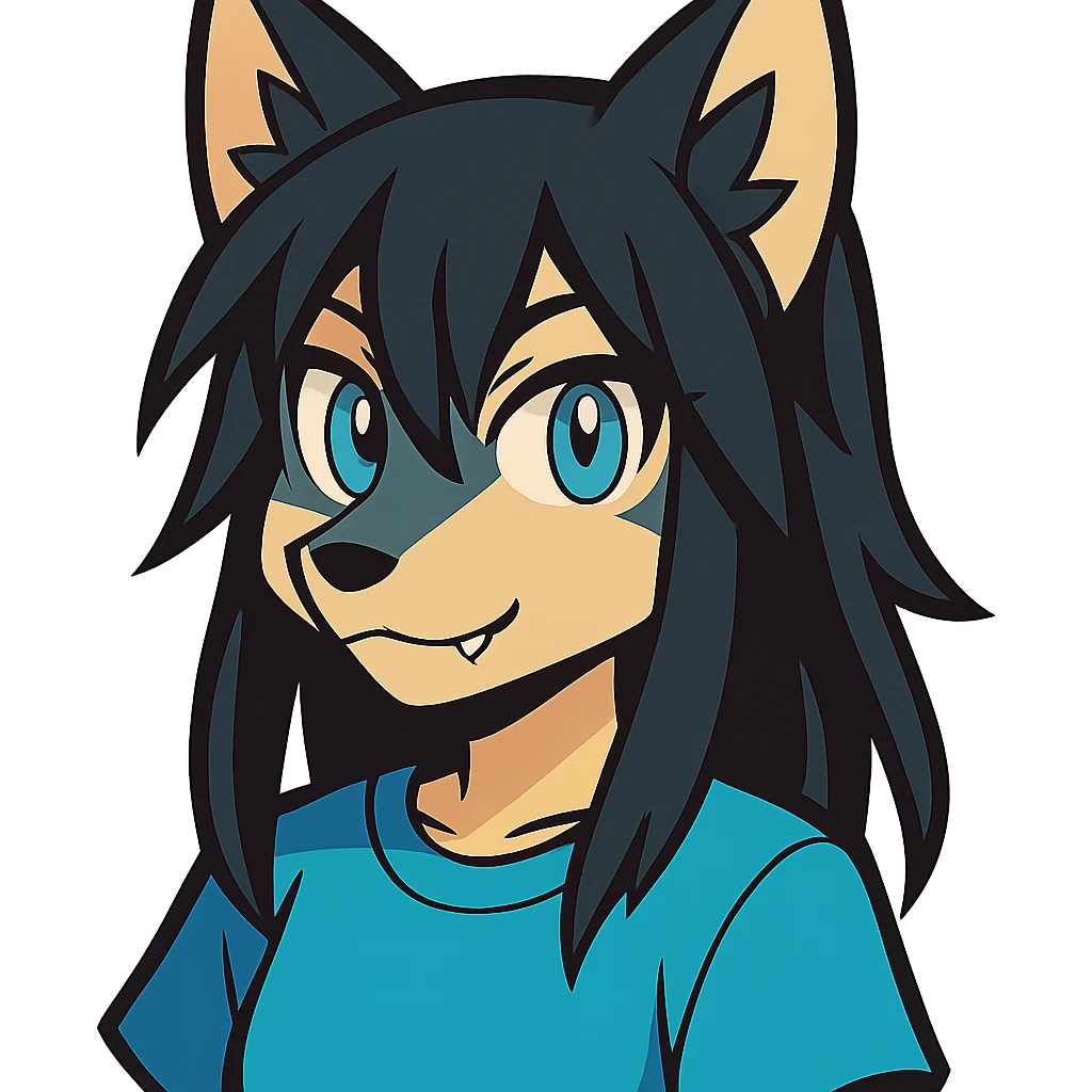 anime style wolf furry character with blue eyes, long black hair, wearing a light blue shirt emoji