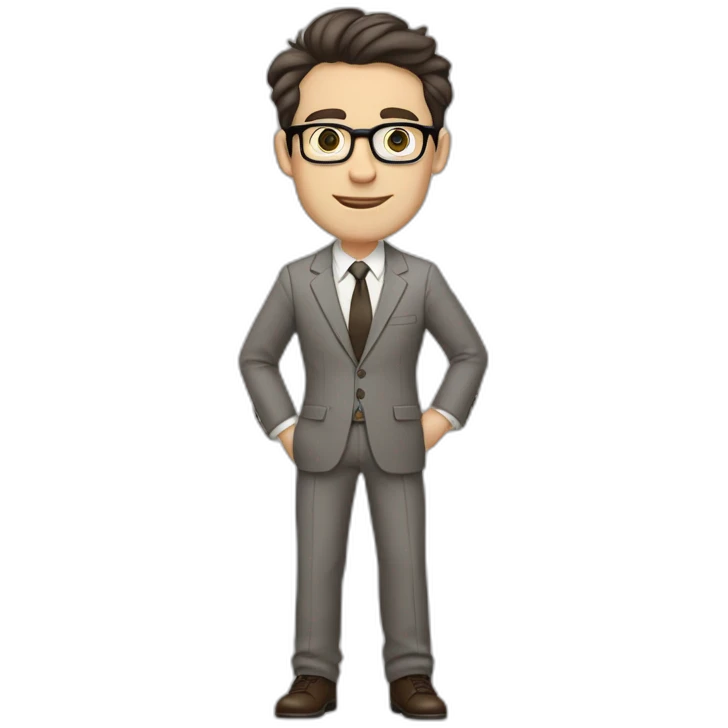 Full height Pale skinned Fit Man With dark brown hair in classic gray suit, beige office shirt, dark gray tie, and vintage glasses. His hands lock emoji