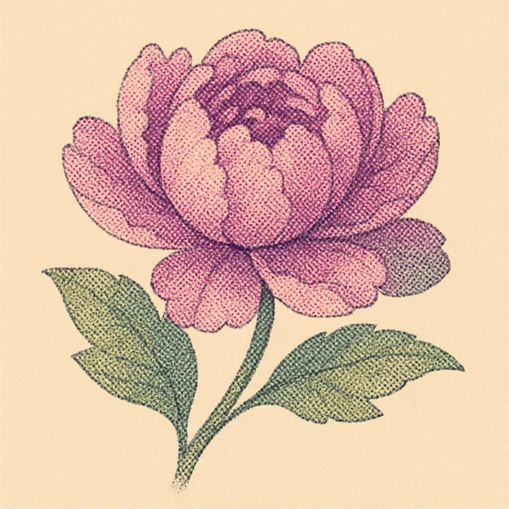 A blooming flower with petals unfolding, illustrated entirely with tiny dots in shades of pink, purple and green emoji