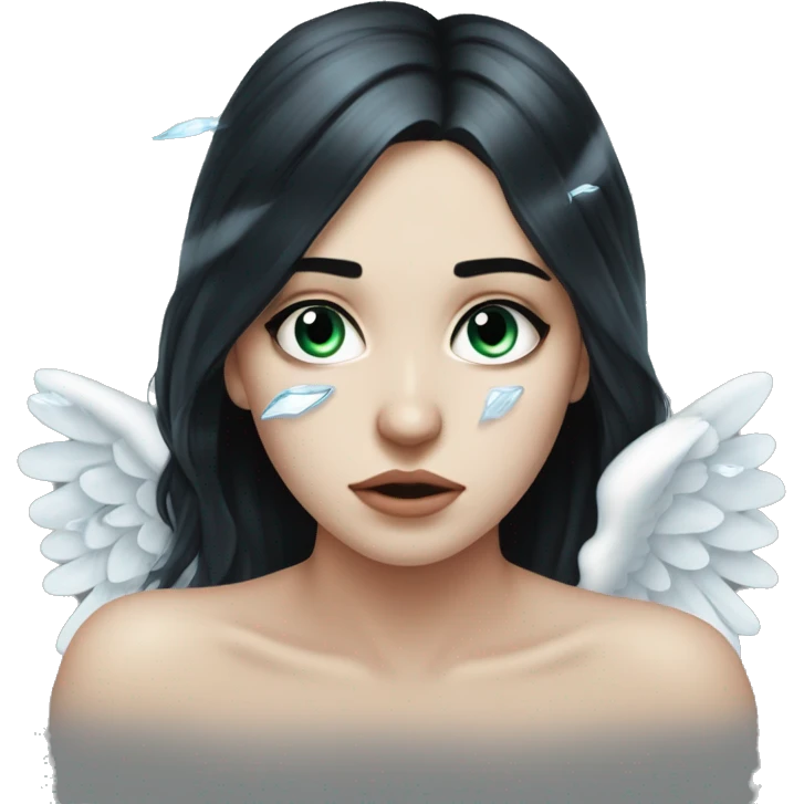 Crying eyes water woman tearing eyes pale skin black hair on the floor magical woman with angel wings  emoji