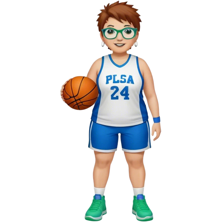 Full Body plus size white female basketball player with short medium brown hair with carmel highlights spikey hair wearing blue glasses 
 wide nose wearing blue green uniform  green sneakers smiling wearing silver hoop earrings emoji