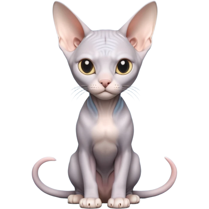 A 3D cartoon silver-gray Sphynx cat with smooth skin, gentle expression, elegant pastel lighting, cinematic Memoji rendering. full body or half body. emoji