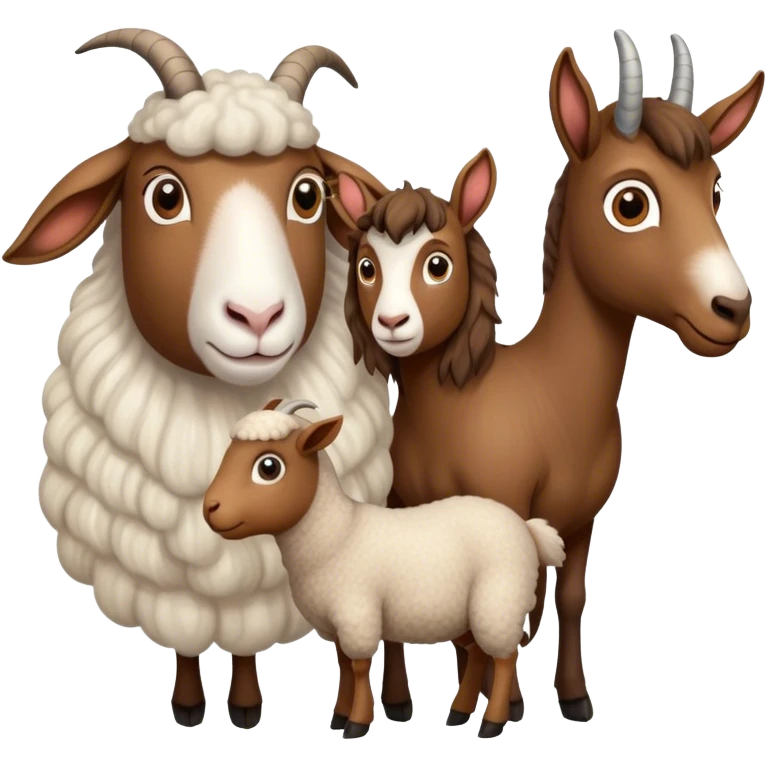 Icon for Domestic Hooved Animals: A gentle collage featuring a brown goat with large, curious eyes, a calm sheep with soft wool and a horse with a flowing mane. Background with a green pasture and a few hay bales. Transparent background. emoji