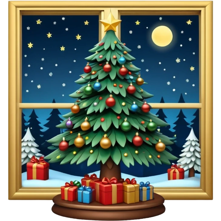 3D rendering realistic still life ultra detailed, christmas tree at night, in front of a glass window emoji
