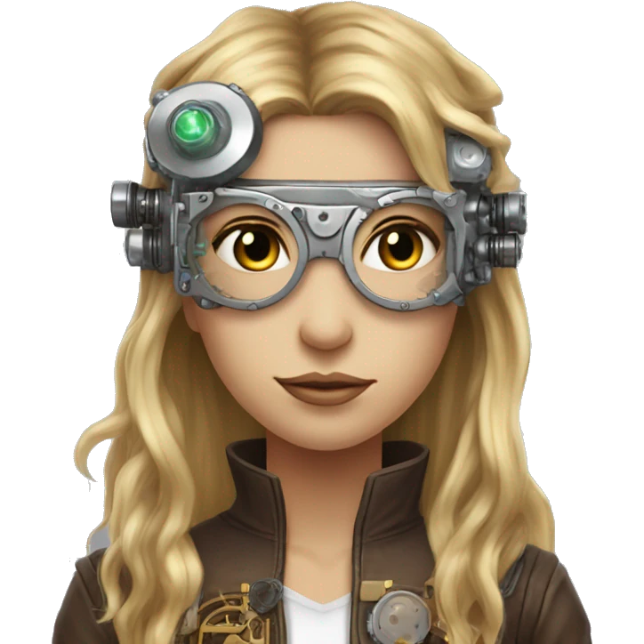Brown long hair with blonde steaks female cyborg head, fair skin, steampunk goggles and circuits emoji