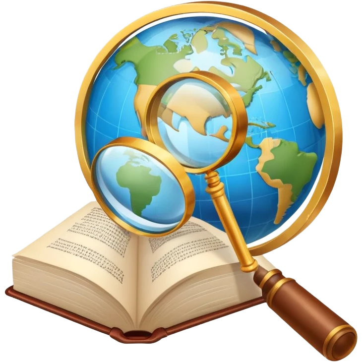 An icon featuring an open book, a speech bubble, and a magnifying glass, symbolizing philology and linguistics. The design includes language symbols, a globe, and alphabet letters, representing the study of languages and their structures. Transparent background  emoji