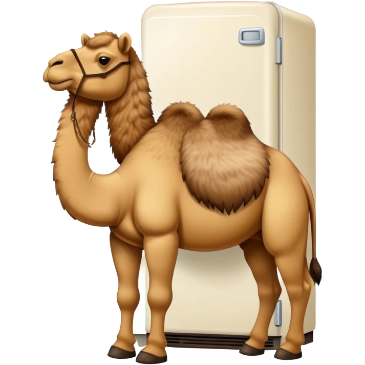 A white refrigerator with a camel head sticking out from the top and four camel legs with Timberland boots coming out from the bottom emoji
