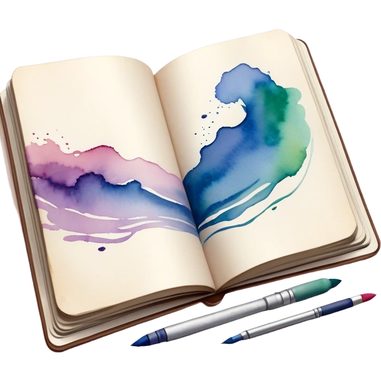 Cinematic Realistic image of an open sketchbook accompanied by a set of translucent watercolors, with delicate pigment stains and soft, flowing brushstrokes, captured under gentle, diffused lighting that highlights creative fluidity emoji
