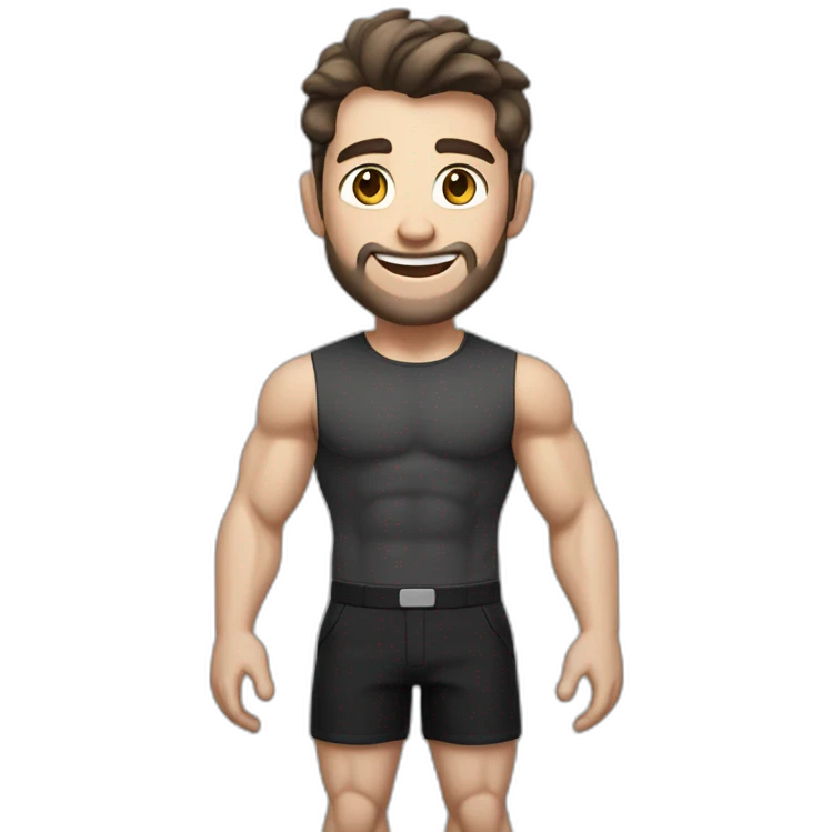 Joyful Pale skinned Fit Man With the biceps and dark brown hair in black shirt, gray sports shorts and white Sneakers emoji