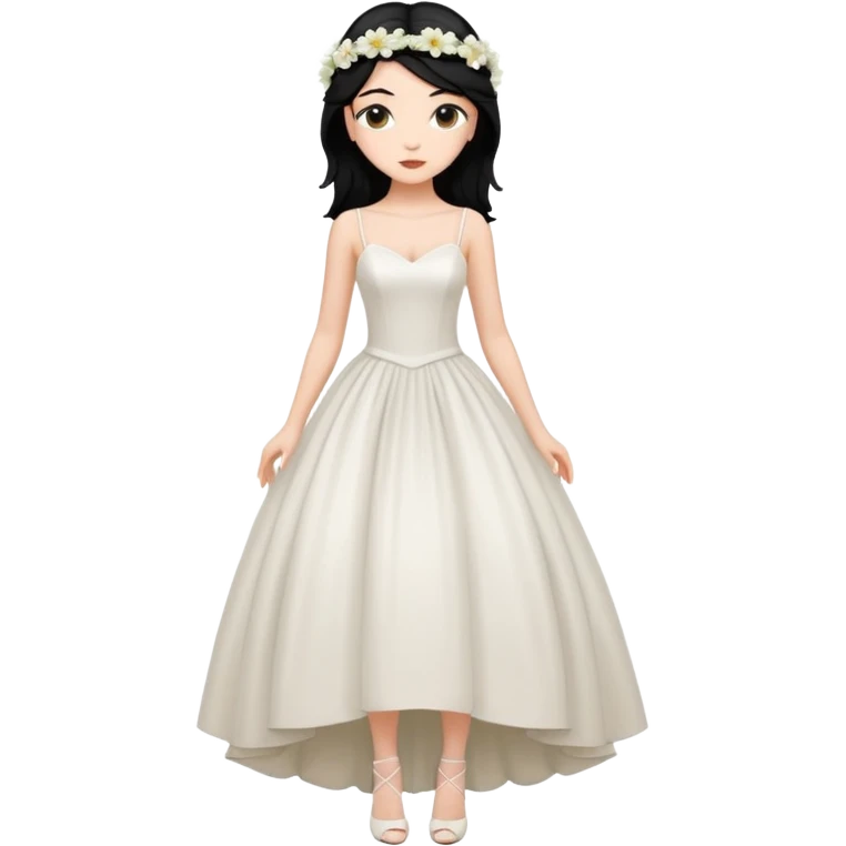 Chica blanca,cuerpo entero, vestido boda  tirantes finos y cuerpo estrecho, pelo negro recogido con mechones y zapatos tacon y 1 flor en la cabeza emoji