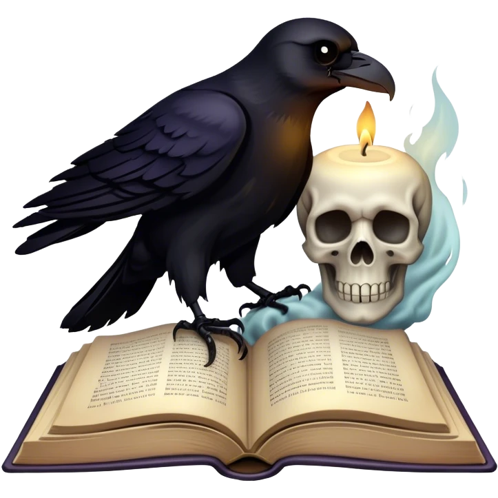Icon for Horror and Mystery Reading: an open book with eerie shadows and mist rising from the pages, a candle, a skull, and a raven perched nearby. The icon should evoke the suspense, fear, and supernatural atmosphere of horror and mystery stories. Transparent background. emoji