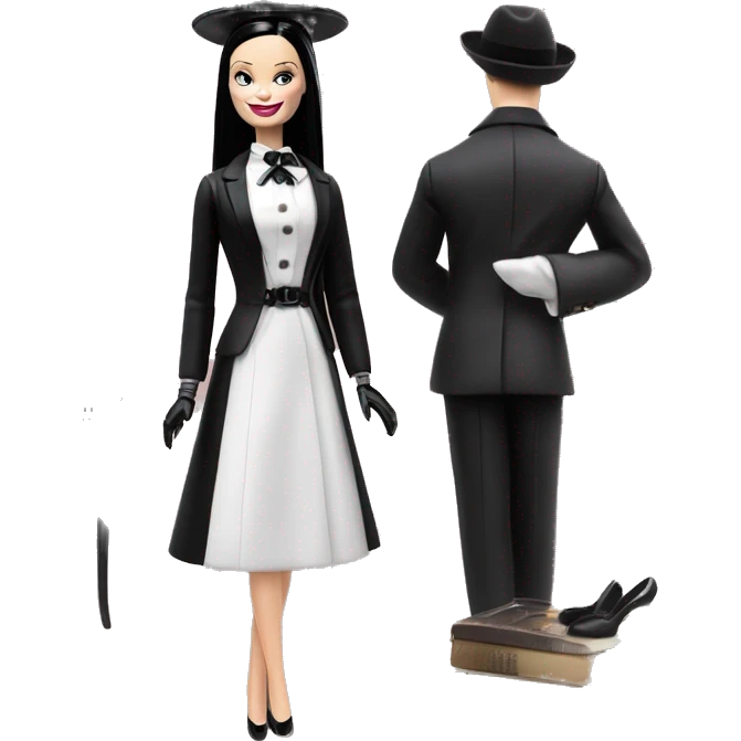 Afternoon Suit Barbie. Wednesday Addams at home. Smiling.stilettos, gloves, picture hat, Very Pale-white porcelain skin.  emoji