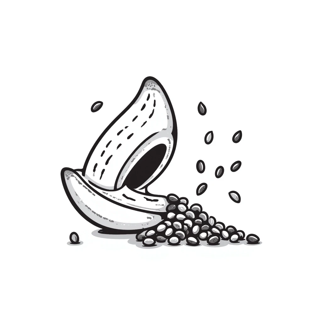 hand-drawn sesame seed pod opening with seeds spilling out emoji