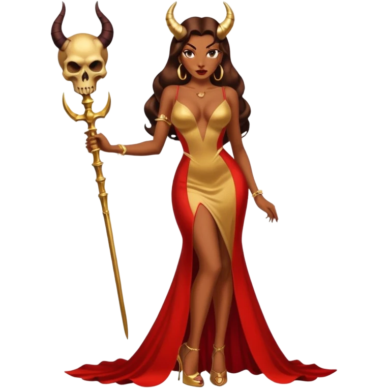 Sexy, playboy woman brown courtly hair seductress devil horns gold long dresss with slit, Jessica rabbit style holding a skull  sitting on top of gold wearing tall platform heels emoji