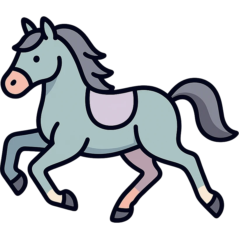 Chinese eastern style horse in pastel palette #98B5BC, #B5B3C1, #C9A3C9, #E4C0CA, #F7DCD1, #F7C0AA, thin clean outlines, soft rounded shapes, detailed shadows and highlights, soft lighting, transparent background, less cute, no decor, horse galloping with front legs bent and back legs stretched emoji