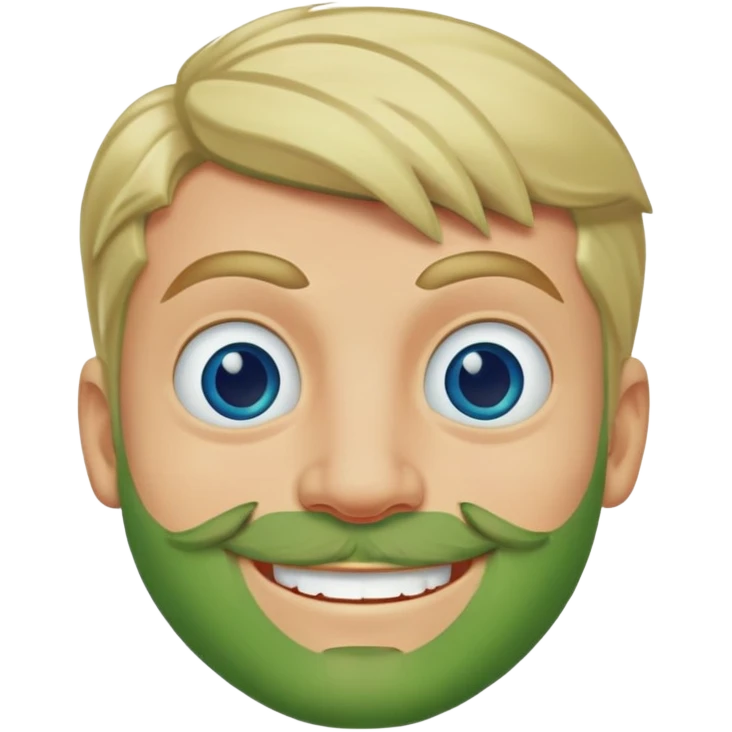 Can you create a Pepe with blond haur and a blond goatee men beard. Let the Skin of the Pepe still in green. give him a smile, blue, but reddened eyes eyes.  emoji