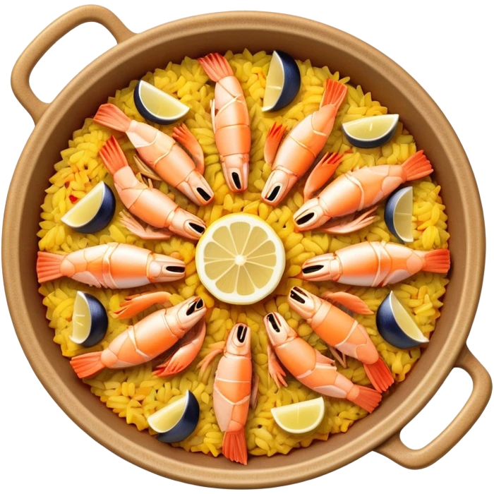cinematic-realistic-paella-dish-emoji,-depicted-as-a-vibrant,-aromatic-rice-dish-loaded-with-seafood,-chicken,-and-saffron-rendered-with-rich-textures-and-dynamic,-warm-lighting with a lemon slice in the middle emoji