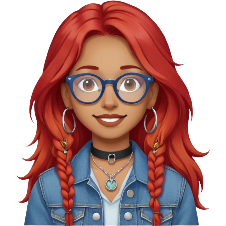 young woman with long red hair, blue glasses, septum ring, choker, denim jacket, neutral smile, olive white skin emoji
