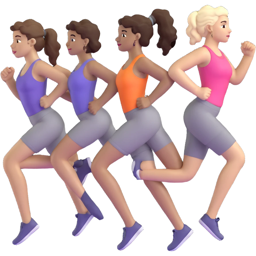 three women friends exercising together, one black woman with curly brown hair, one pale white woman with curly brown hair, and one pale white woman with straight brown hair in a ponytail emoji