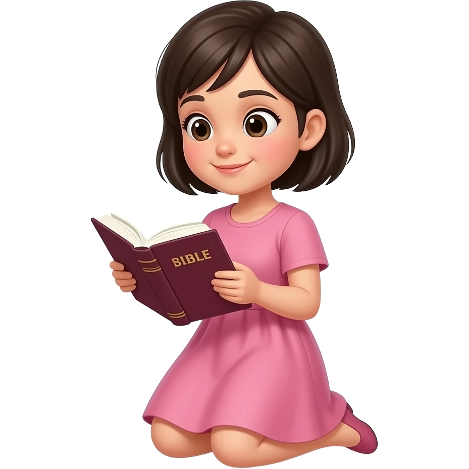 chica de cabello oscuro y corto, sin accesorios, con vestido color rosa, leyendo la biblia de rodillas emoji
