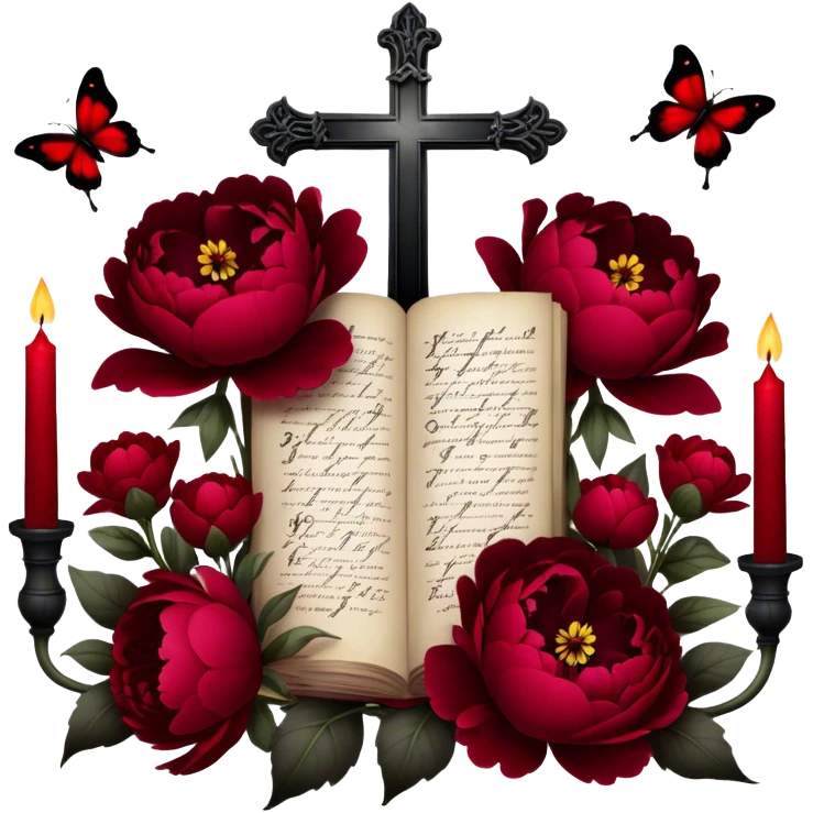 A dark, romantic composition featuring deep red peonies and pansies intertwined with blackened love letters, surrounded by glowing crimson candles. Butterflies in various shades of red flutter around Gothic crosses, creating an eerie yet passionate atmosphere. emoji