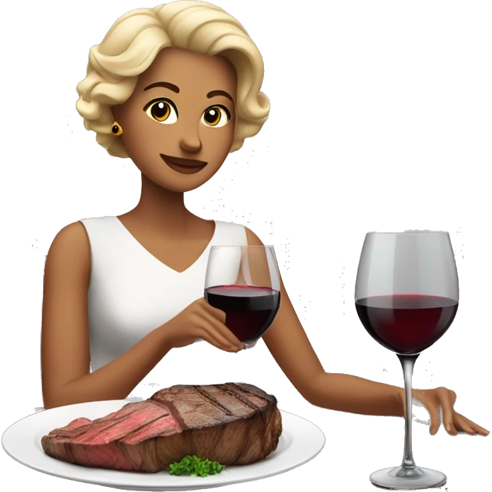 Generate a classy woman seated at a fine dining table, elegantly enjoying a steak and a glass of red wine.  emoji