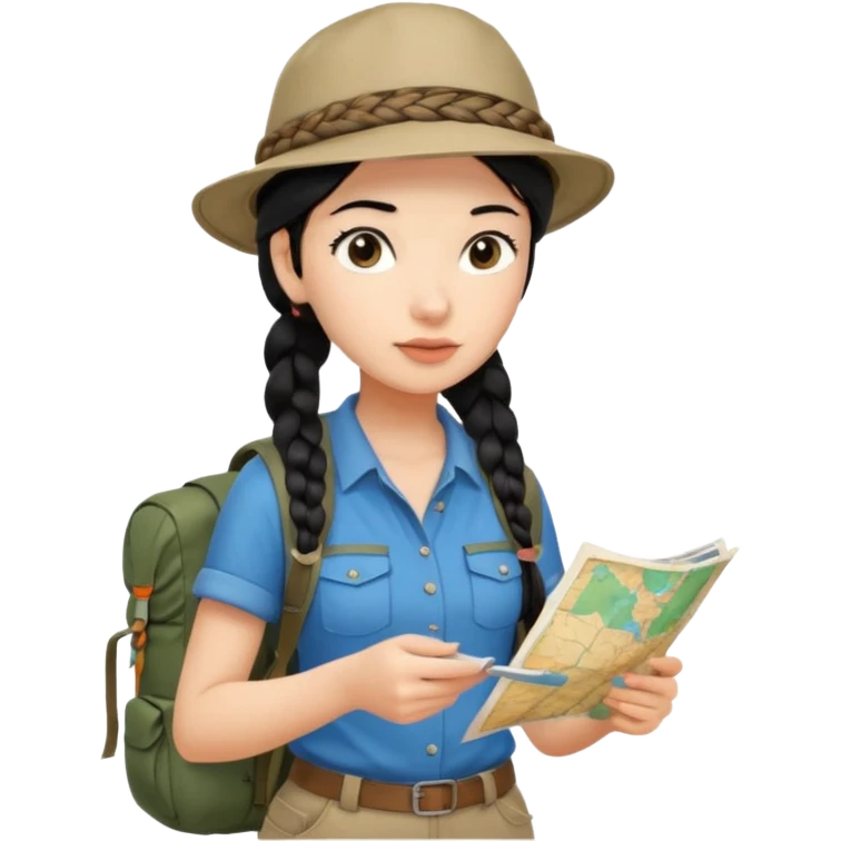 A braid black hair backpacking woman checking her map with curious eyes while walking with camping hat full body emoji
