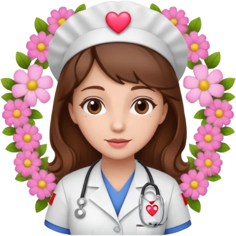 Brown hair Nurse with pink heart and flowers surround her head emoji