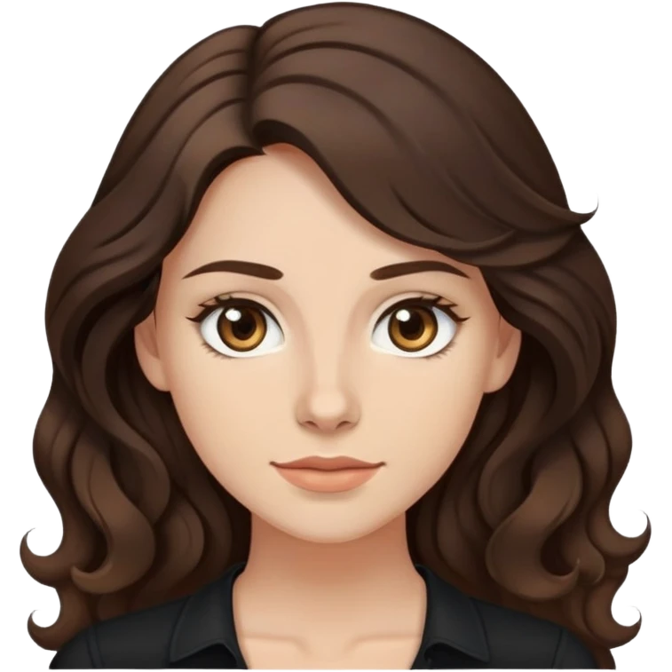 27 year old Caucasian woman with fair skin, brown eyes, long wavy dark brown hair, wearing a black top with a button emoji