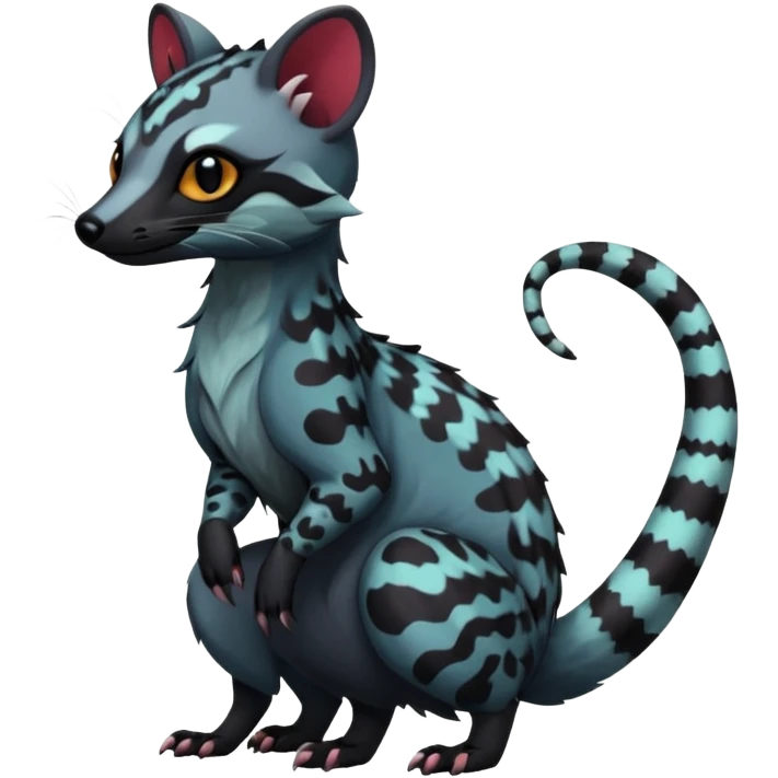 Rare warm-colored exotic edgy cute epic aesthetic spooky dark gothic colorful Genet-Salandit-Civet-species-Fakemon-hybrid-creature, with beautiful intricate markings, full body emoji