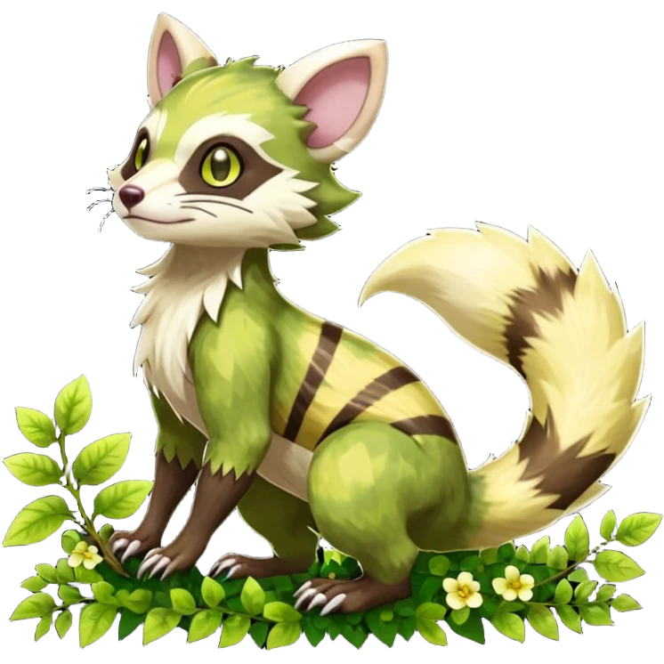 Sharp swampy realistic mossy grassy elemental ivy floral detailed Colorful translucent luminescent glowing Trico-Sergal-Furret-Ferret-Wolverine-Vernid-furry-fursona-fusion-Fakemon-animal-hybrid-creature, full body emoji